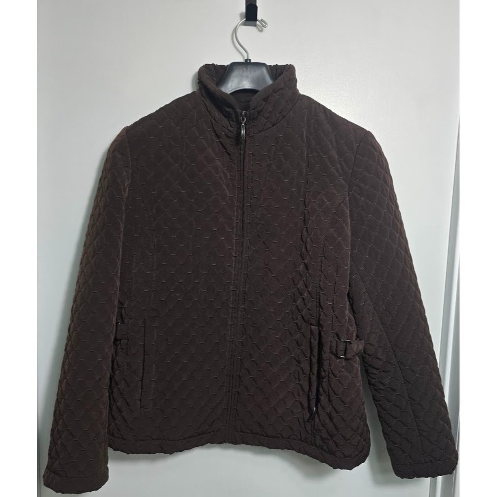 Gallery Brown Quilted Jacket Women's Large Zip Front Nylon Lined Polyester Fill